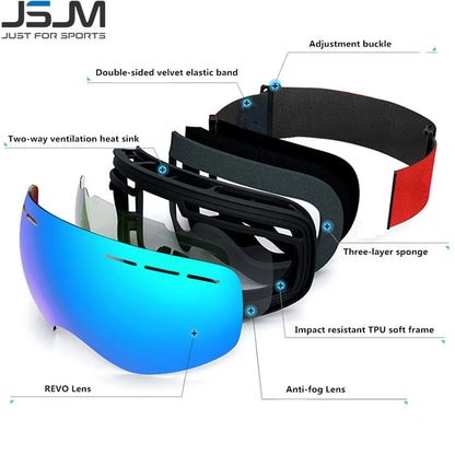 JSJM New Ski Goggles Men Women Double Layers Anti-Fog Big Ski UV400 Glasses Protection Skiing Winter Snow Snowboard Goggles