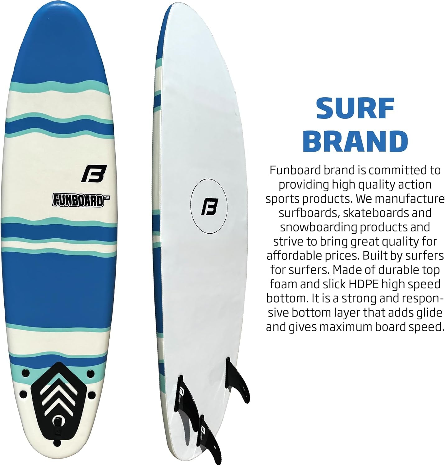 FLOWBOARD Surfboard Softboard Foam 6’ and 7’ and 8' - Includes (3) Fins 6 Foot Long Leash and (2) Wood Stringers - Kids & Adults - Beginner to Intermediate - Comes with High Performance Traction Pad