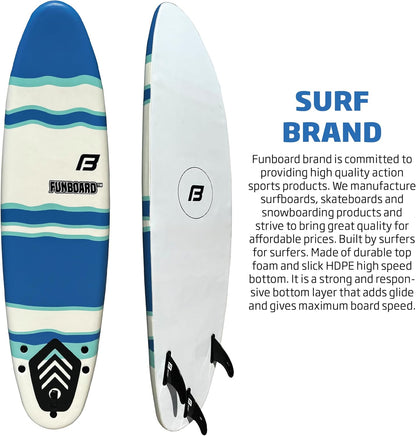 FLOWBOARD Surfboard Softboard Foam 6’ and 7’ and 8' - Includes (3) Fins 6 Foot Long Leash and (2) Wood Stringers - Kids & Adults - Beginner to Intermediate - Comes with High Performance Traction Pad