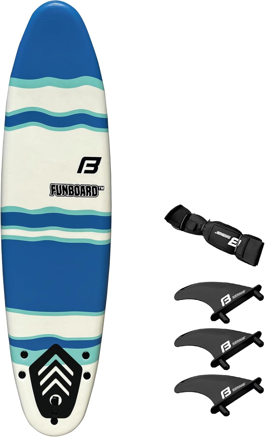 FLOWBOARD Surfboard Softboard Foam 6’ and 7’ and 8' - Includes (3) Fins 6 Foot Long Leash and (2) Wood Stringers - Kids & Adults - Beginner to Intermediate - Comes with High Performance Traction Pad