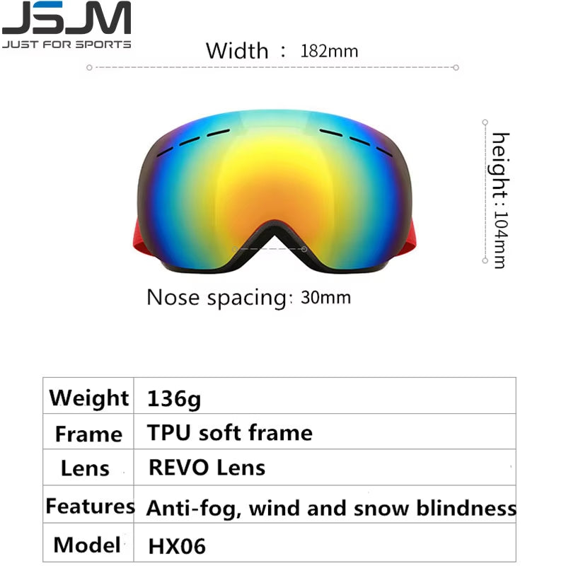 JSJM New Ski Goggles Men Women Double Layers Anti-Fog Big Ski UV400 Glasses Protection Skiing Winter Snow Snowboard Goggles