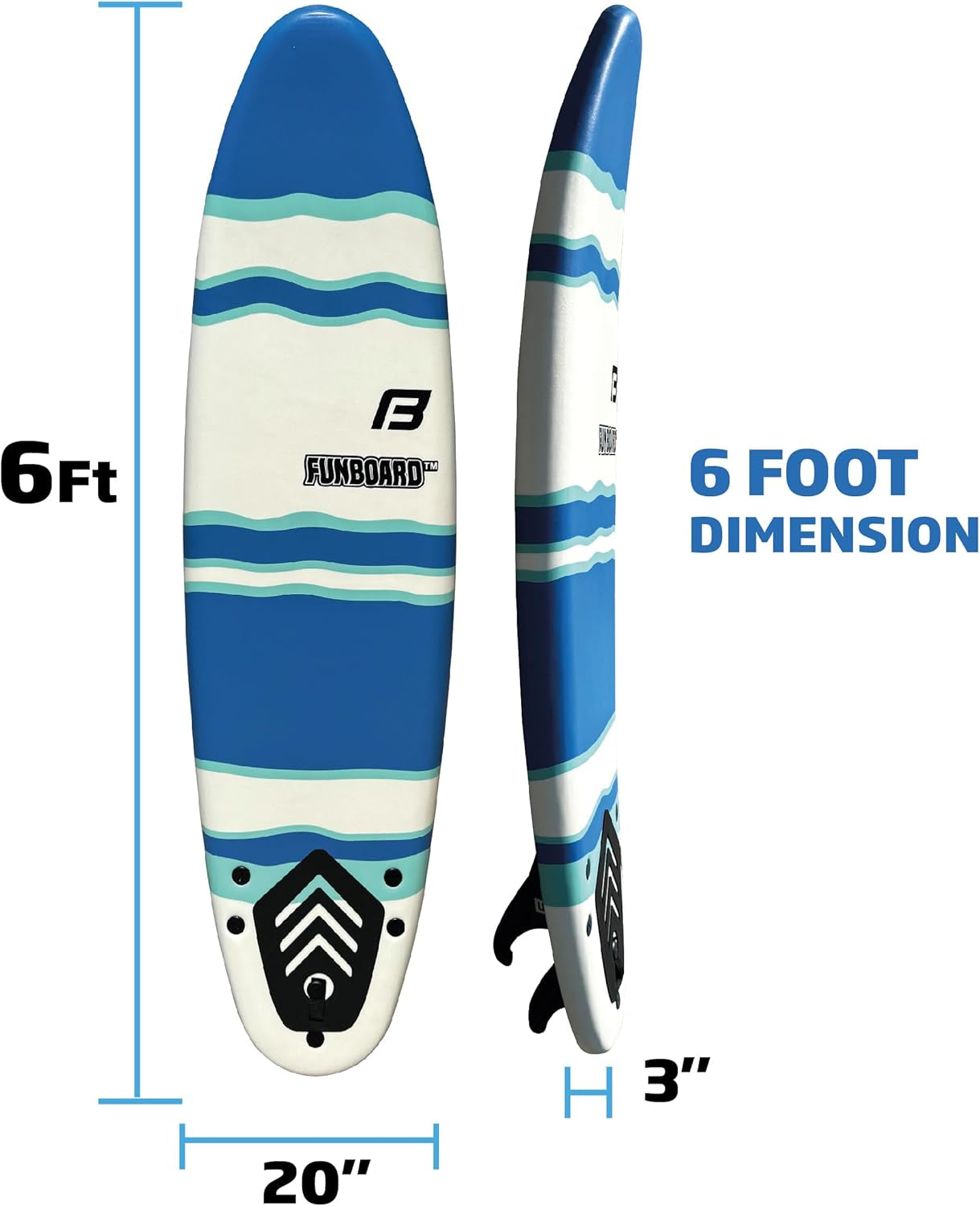 FLOWBOARD Surfboard Softboard Foam 6’ and 7’ and 8' - Includes (3) Fins 6 Foot Long Leash and (2) Wood Stringers - Kids & Adults - Beginner to Intermediate - Comes with High Performance Traction Pad